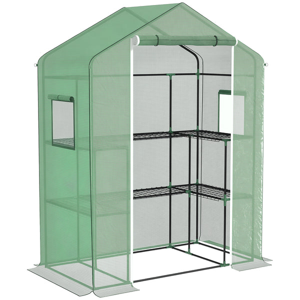 Serre de jardin PE avec étagères 3 niveaux, serre de balcon, bâche renforcée 135 g/m², châssis en acier, porte zippée enroulable, pour légumes plantes fleurs, 140x73x190 cm, vert