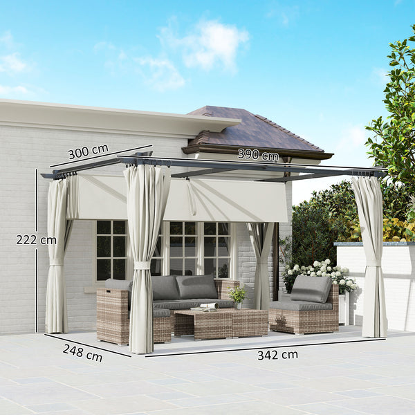 Pergola jardin exterieur 3 x 4 m pergola coulissante rétractable avec parois latérales, tonnelle de jardin, polyester haute densité 180g/m², abri soleil UPF30+, pour terrasse, patio, crème