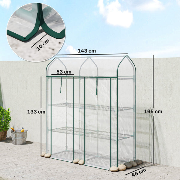 Serre de Jardin avec Étagères 3 Niveaux à Toit Pointu, Petite Serre de Balcon en Bâche PVC et Châssis Acier, 2 Portes Roulantes, pour Légumes Plantes Fleurs, 143 x 46 x 165 cm, Transparent
