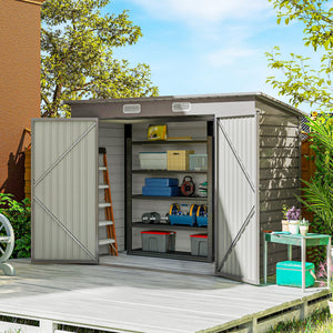 Abri de Jardin en Métal 3 m², Cabane de Jardin 249x121x183cm, Structure en Acier Galvanisé Améliorée, Cabanon Rangement Outils, Gants, Portes Verrouillables, Aérations, Gris Clair