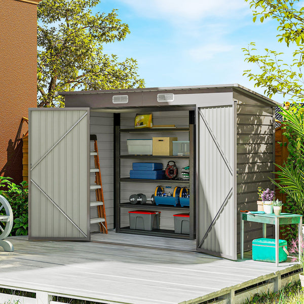 Abri de Jardin en Métal 3 m², Cabane de Jardin 249x121x183cm, Structure en Acier Galvanisé Améliorée, Cabanon Rangement Outils, Gants, Portes Verrouillables, Aérations, Gris Clair