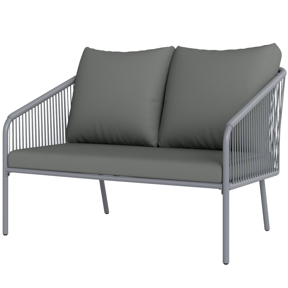 Canapé de jardin 2 places en résine tressée avec coussins, canapé d'extérieur avec accoudoirs, cadre en acier pour balcon, gris