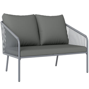 Canapé de jardin 2 places en résine tressée avec coussins, canapé d'extérieur avec accoudoirs, cadre en acier pour balcon, gris