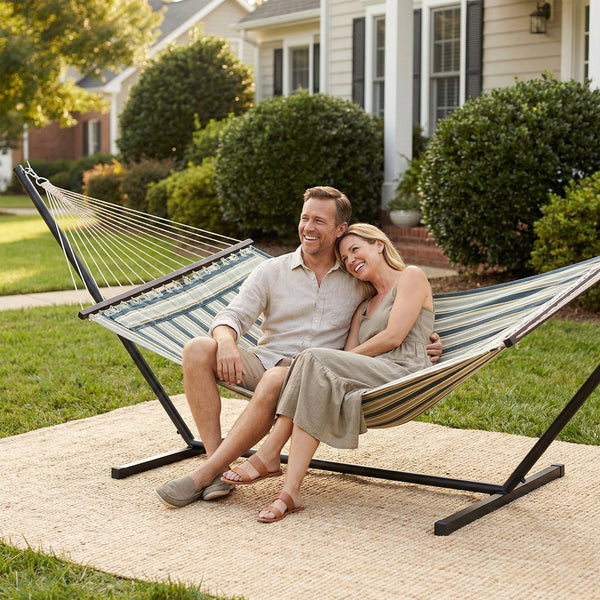Hamac sur pied 353 cm, hamac avec support acier avec coussin amovible et barres d'écartement, pour intérieur et extérieur, lit de sieste rayé, vert