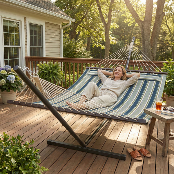 Hamac sur pied 353 cm, hamac avec support acier avec coussin amovible et barres d'écartement, pour intérieur et extérieur, lit de sieste rayé, vert