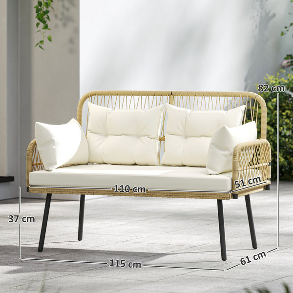 Canapé de jardin avec coussins et oreillers 2 places en résine tressée, canapé d'extérieur avec accoudoirs, cadre en acier galvanisé pour balcon, beige