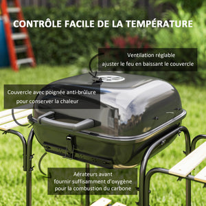 Barbecue charbon de bois chariot de cuisson avec surface de cuisson de 1840 cm², barbecue fumoir portable avec grille, couvercle, étagères et roues, pour camping pique-nique, noir