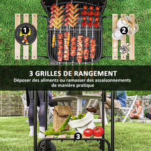 Barbecue charbon de bois chariot de cuisson avec surface de cuisson de 1840 cm², barbecue fumoir portable avec grille, couvercle, étagères et roues, pour camping pique-nique, noir