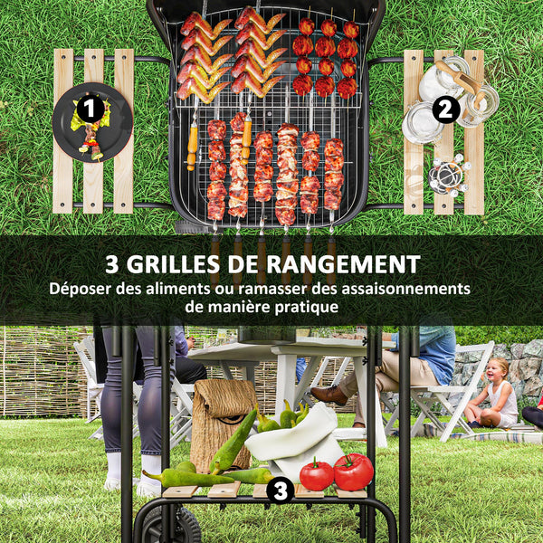 Barbecue charbon de bois chariot de cuisson avec surface de cuisson de 1840 cm², barbecue fumoir portable avec grille, couvercle, étagères et roues, pour camping pique-nique, noir