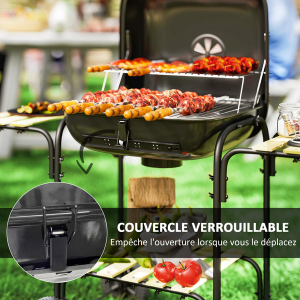 Barbecue charbon de bois chariot de cuisson avec surface de cuisson de 1840 cm², barbecue fumoir portable avec grille, couvercle, étagères et roues, pour camping pique-nique, noir