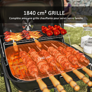 Barbecue charbon de bois chariot de cuisson avec surface de cuisson de 1840 cm², barbecue fumoir portable avec grille, couvercle, étagères et roues, pour camping pique-nique, noir