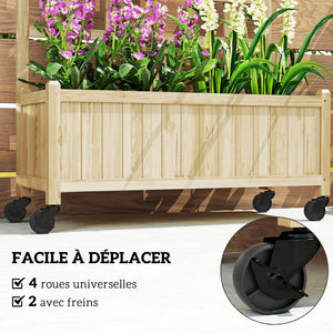 Jardinière avec treillis, bac à fleurs avec roues, lit surélevé, pour plantes grimpantes, légumes, fleurs, bois massif, intérieur et extérieur, cour jardin balcon, 82,5x35x186cm, bois naturel