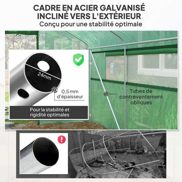 Serre de jardin 12 m², serre tunnel de jardin 4 x 3 x 2 m avec portes enroulables et grandes fenêtres en maille, serre en acier galvanisé et PE haute densité 140 g/m² résistante aux UV, vert