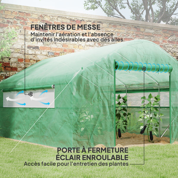 Serre de jardin 12 m², serre tunnel de jardin 4 x 3 x 2 m avec portes enroulables et grandes fenêtres en maille, serre en acier galvanisé et PE haute densité 140 g/m² résistante aux UV, vert