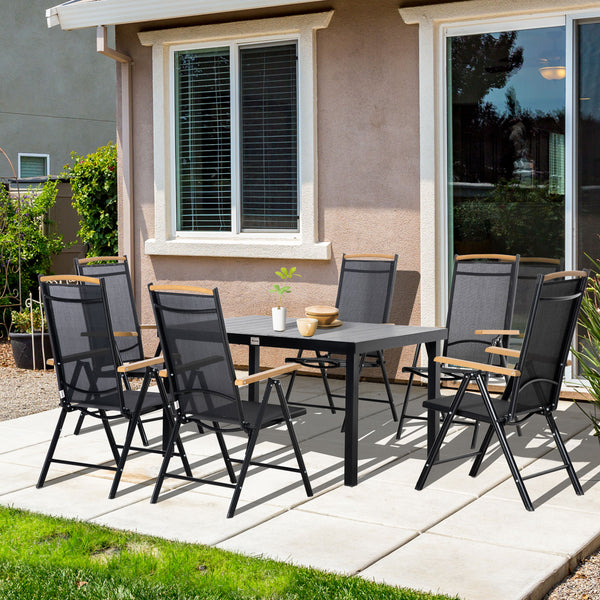 Salon de jardin extérieur 6 personnes, table de jardin extérieure avec 6 chaises, cadre en aluminium, table 140 CM, chaises pliables et inclinables, mobilier de terrasse, patio, noir