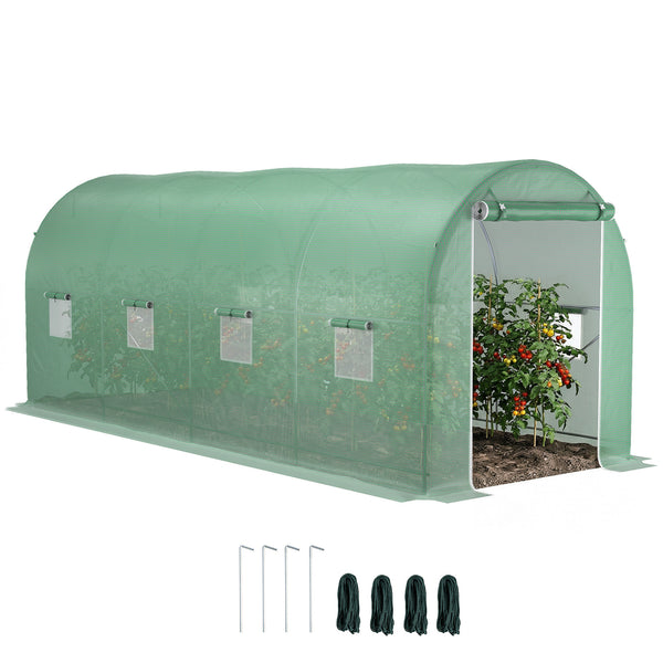 Serre de Jardin Tunnel Surface Sol 10 m² 5L x 2l x 2,05H m châssis Tubulaire renforcé Porte zippée 8 fenêtres enroulables Vert