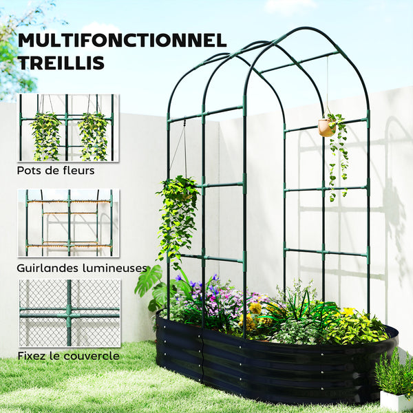 Jardinière avec treillis arqué, bac à fleurs en métal, lit surélevé avec brise-vue, fond ouvert, gants inclus, pour plantes grimpantes, légumes, fleurs, 160x90x180cm, gris foncé