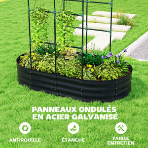 Jardinière avec treillis arqué, bac à fleurs en métal, lit surélevé avec brise-vue, fond ouvert, gants inclus, pour plantes grimpantes, légumes, fleurs, 160x90x180cm, gris foncé