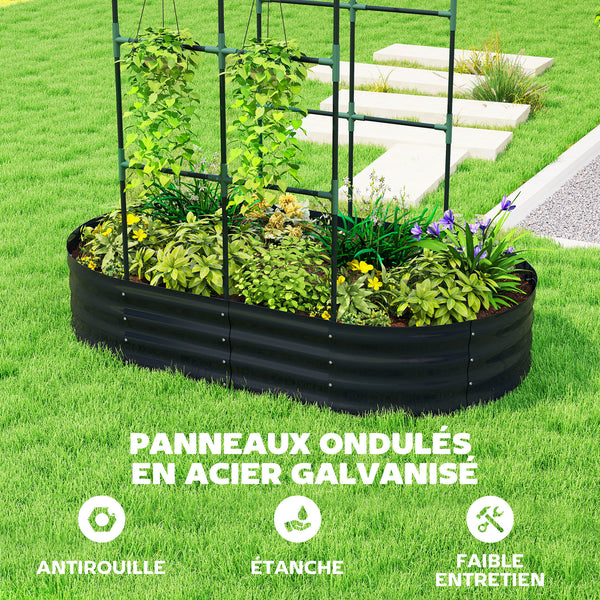 Jardinière avec treillis arqué, bac à fleurs en métal, lit surélevé avec brise-vue, fond ouvert, gants inclus, pour plantes grimpantes, légumes, fleurs, 160x90x180cm, gris foncé