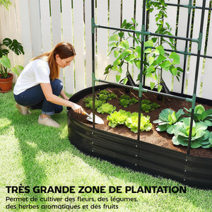 Jardinière avec treillis arqué, bac à fleurs en métal, lit surélevé avec brise-vue, fond ouvert, gants inclus, pour plantes grimpantes, légumes, fleurs, 160x90x180cm, gris foncé