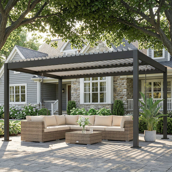 Pergola Bioclimatique 4x3m, Pergola de Jardin en Aluminium à Toit Louvred Ajustable avec Manivelle, Tonnelle de Jardin Abri Terrasse, Protection Soleil, pour Jardin Extérieur, Blanc