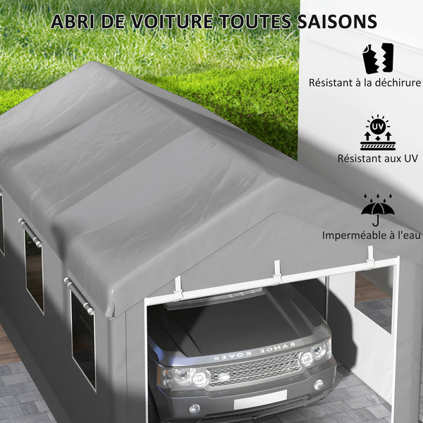 Tente garage carport dim. 6L x 2,95l x 2,78H m acier galvanisé robuste PE haute densité 160 g/m² imperméable anti-UV, 2 portes enroulables et 6 fenêtres