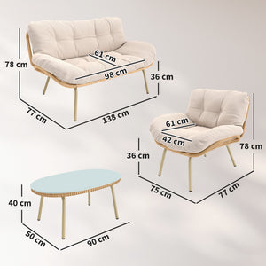 Salon de Jardin 4 Pièces en Résine Tressée - Coussin 12 cm Ultra Épais Mobilier de Jardin Chic - Ensemble Terrasse avec Canapé 138 cm, 2 Fauteuils et Table Basse en Verre Trempé, Beige
