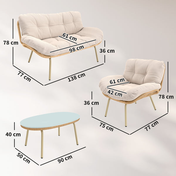 Salon de Jardin 4 Pièces en Résine Tressée - Coussin 12 cm Ultra Épais Mobilier de Jardin Chic - Ensemble Terrasse avec Canapé 138 cm, 2 Fauteuils et Table Basse en Verre Trempé, Beige