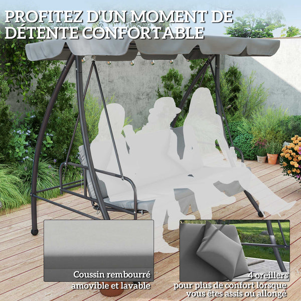Balancelle de Jardin Convertible 3 Places Grand Confort Inclinaison Toit réglable Matelas fourni 2L x 1,25l x 1,7H m métal Polyester Noir Gris clair
