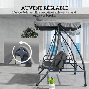 Balancelle de Jardin Convertible 3 Places Grand Confort Inclinaison Toit réglable Matelas fourni 2L x 1,25l x 1,7H m métal Polyester Noir Gris clair