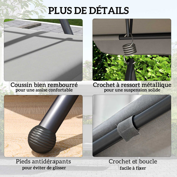 Balancelle de Jardin Convertible 3 Places Grand Confort Inclinaison Toit réglable Matelas fourni 2L x 1,25l x 1,7H m métal Polyester Noir Gris clair