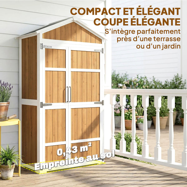 Armoire de Jardin en Bois - Abri de Jardin Extérieur Étanche avec Toit en Métal - Meuble de Rangement Terrasse à Double Porte pour Outils de Jardinage 105x55x179cm, Blanc et Naturel