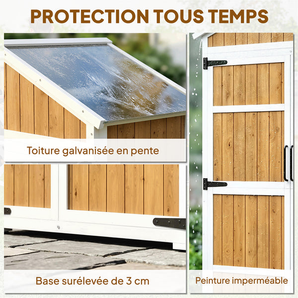 Armoire de Jardin en Bois - Abri de Jardin Extérieur Étanche avec Toit en Métal - Meuble de Rangement Terrasse à Double Porte pour Outils de Jardinage 105x55x179cm, Blanc et Naturel