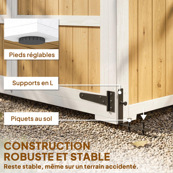 Armoire de Jardin en Bois - Abri de Jardin Extérieur Étanche avec Toit en Métal - Meuble de Rangement Terrasse à Double Porte pour Outils de Jardinage 105x55x179cm, Blanc et Naturel