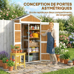 Armoire de Jardin en Bois - Abri de Jardin Extérieur Étanche avec Toit en Métal - Meuble de Rangement Terrasse à Double Porte pour Outils de Jardinage 105x55x179cm, Blanc et Naturel