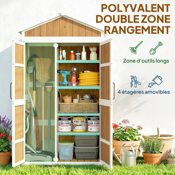 Armoire de Jardin en Bois - Abri de Jardin Extérieur Étanche avec Toit en Métal - Meuble de Rangement Terrasse à Double Porte pour Outils de Jardinage 105x55x179cm, Blanc et Naturel