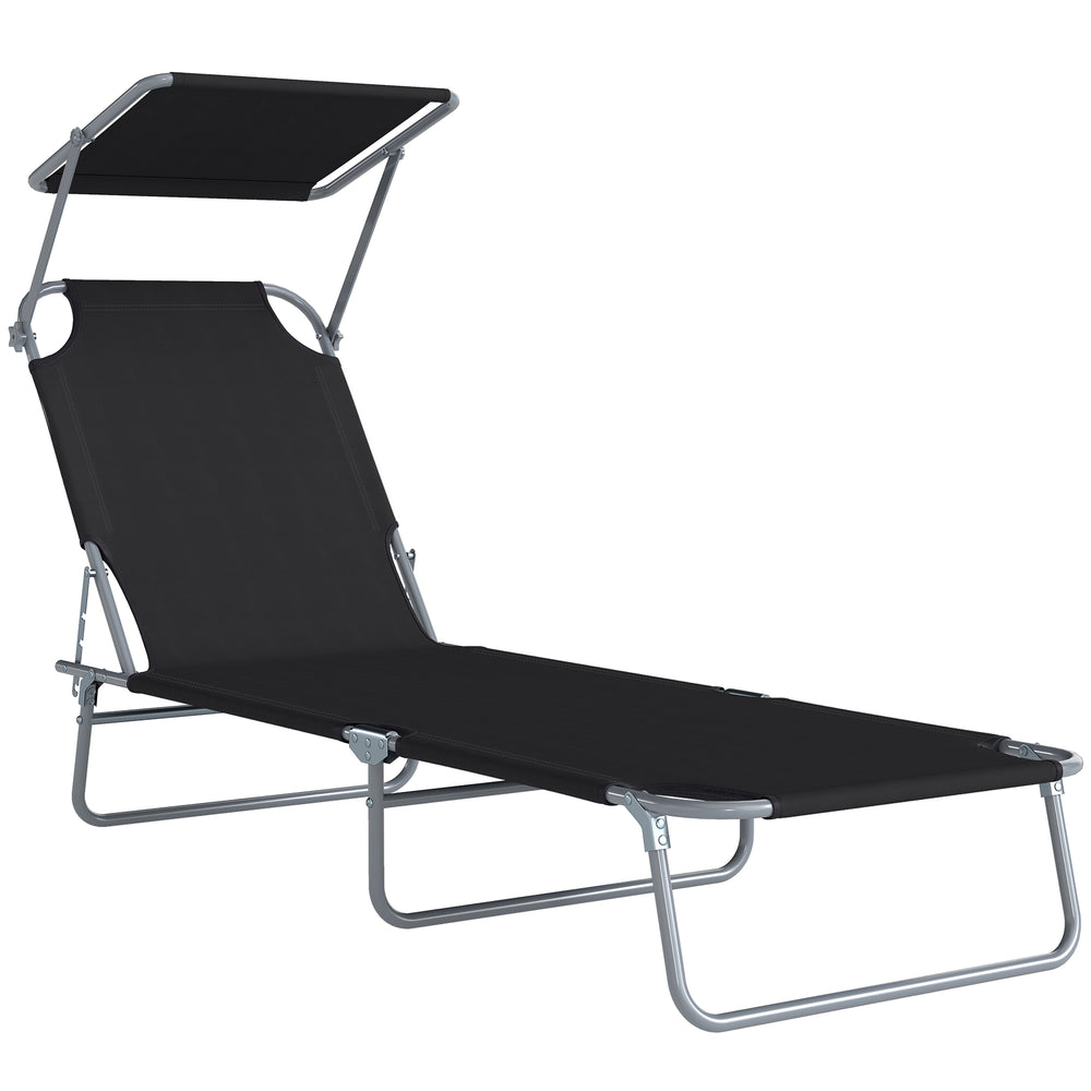 Transat Bain de Soleil Pliable Chaise Longue Pliante Grand Confort Dossier Inclinable Multi-positions et Pare-Soleil Réglable 187L x 58l x 36H cm Noir