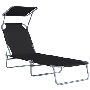 Transat Bain de Soleil Pliable Chaise Longue Pliante Grand Confort Dossier Inclinable Multi-positions et Pare-Soleil Réglable 187L x 58l x 36H cm Noir