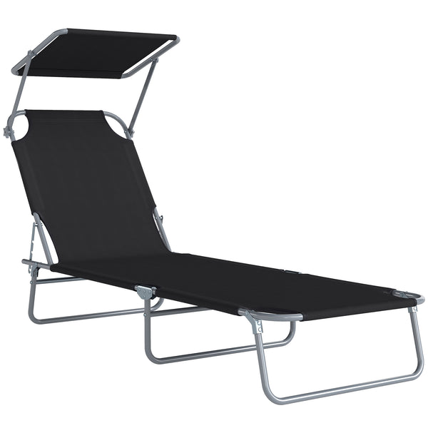 Transat Bain de Soleil Pliable Chaise Longue Pliante Grand Confort Dossier Inclinable Multi-positions et Pare-Soleil Réglable 187L x 58l x 36H cm Noir
