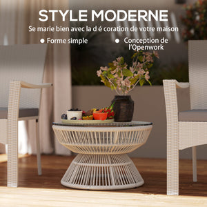 Table basse de jardin ronde, table d'appoint en résine aspect rotin et plateau verre trempé Ø60 x 37H cm gris clair