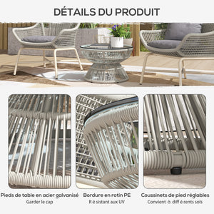 Table basse de jardin ronde, table d'appoint en résine aspect rotin et plateau verre trempé Ø60 x 37H cm gris clair