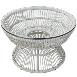 Table basse de jardin ronde, table d'appoint en résine aspect rotin et plateau verre trempé Ø60 x 37H cm gris clair