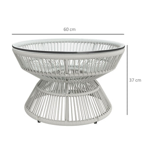 Table basse de jardin ronde, table d'appoint en résine aspect rotin et plateau verre trempé Ø60 x 37H cm gris clair