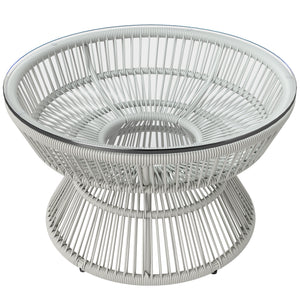 Table basse de jardin ronde, table d'appoint en résine aspect rotin et plateau verre trempé Ø60 x 37H cm gris clair
