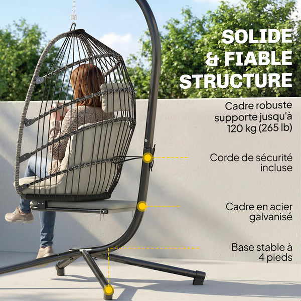 Fauteuil suspendu avec support, chaise suspendue pliante avec repose-pieds rétractable, coussin doux et appuie-tête, pour intérieur et extérieur, terrasse ou jardin, gris clair