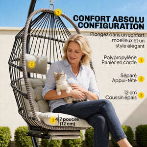 Fauteuil suspendu avec support, chaise suspendue pliante avec repose-pieds rétractable, coussin doux et appuie-tête, pour intérieur et extérieur, terrasse ou jardin, gris clair