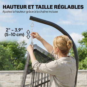 Fauteuil suspendu avec support, chaise suspendue pliante avec repose-pieds rétractable, coussin doux et appuie-tête, pour intérieur et extérieur, terrasse ou jardin, gris clair