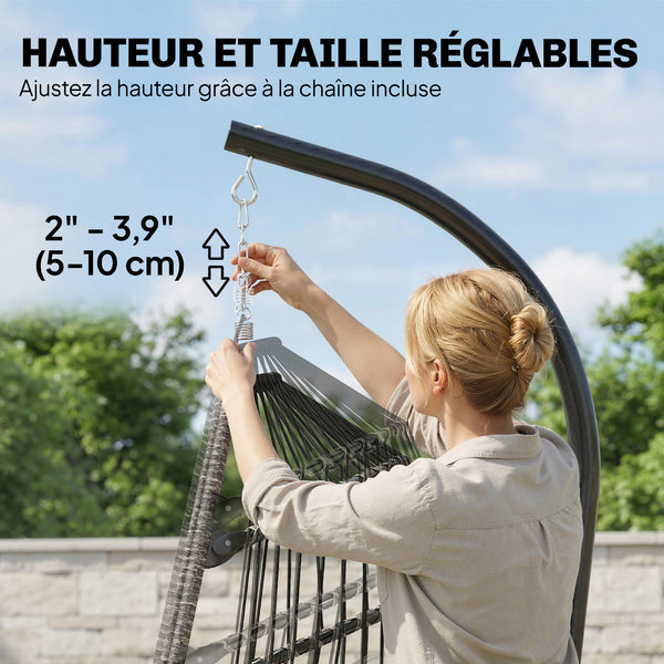 Fauteuil suspendu avec support, chaise suspendue pliante avec repose-pieds rétractable, coussin doux et appuie-tête, pour intérieur et extérieur, terrasse ou jardin, gris clair