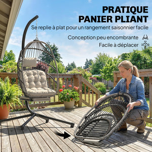 Fauteuil suspendu avec support, chaise suspendue pliante avec repose-pieds rétractable, coussin doux et appuie-tête, pour intérieur et extérieur, terrasse ou jardin, gris clair