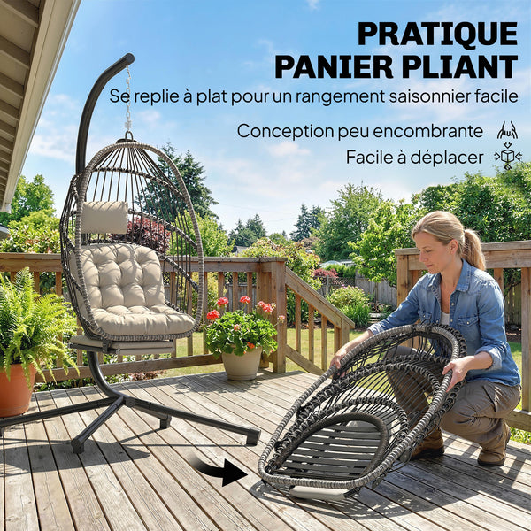 Fauteuil suspendu avec support, chaise suspendue pliante avec repose-pieds rétractable, coussin doux et appuie-tête, pour intérieur et extérieur, terrasse ou jardin, gris clair
